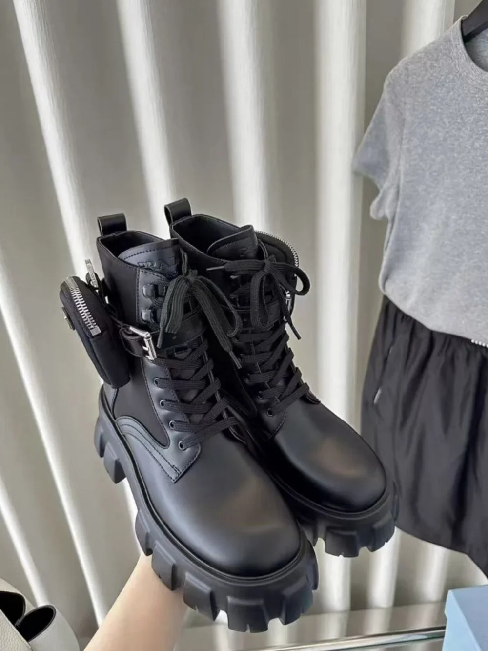 Prada Detachable Pocket Lug Sole Leather Combat Boots